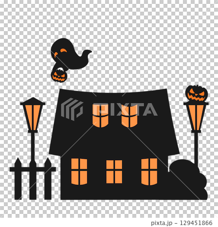 外灯にジャックオランタンを飾り付けるオバケのイラスト 129451866
