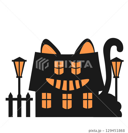ハロウィンのかわいい、化け猫の家のイラスト 129451868