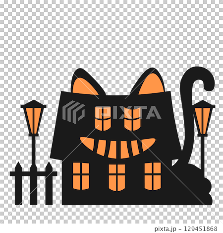 ハロウィンのかわいい、化け猫の家のイラスト 129451868