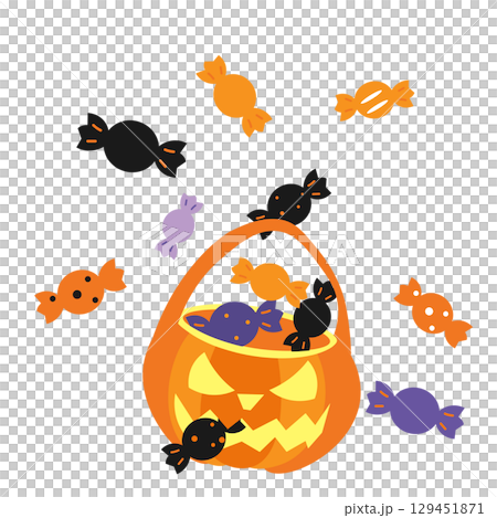 ハロウィンのカボチャのお菓子入れからキャンディがこぼれるイラスト 129451871