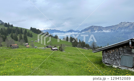 Green meadow with scattered wooden cabins snow capped mountain range in traditional Swiss rural landscape pastoral setting in Axalp region of Bern canton. 129452089
