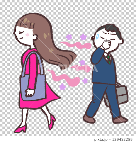一名男子回頭看著一名帶有強烈氣味的婦女的插圖 129452289