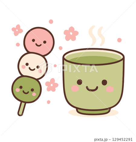 Cute Dango and Green Tea Spring Scene Cute Dango and Green Tea Spring Scene 129452291