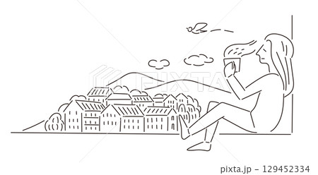 シンプルな線画イラスト:休憩 シンプルな線画イラスト:休憩 129452334