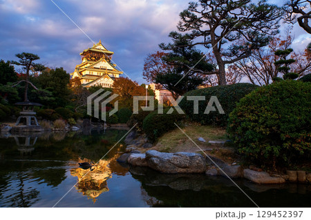 duck swim on pond of Osaka castle park at sunset with reflection, Japan duck swim on pond of Osaka castle park at sunset with reflection, Japan 129452397
