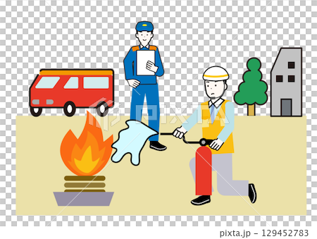 A person practicing using a fire extinguisher during a fire drill, fire drill, evacuation drill, disaster prevention drill, or firefighting drill, and a firefighter watching over them 129452783