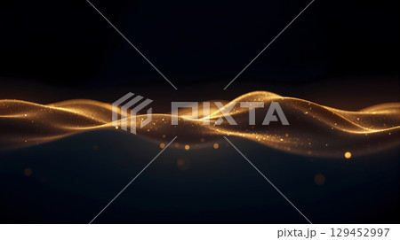 Abstract Golden Waves with Glowing Glittering Particles on a Dark Background. 129452997