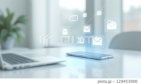 Holographic Email Icons Floating from a Smartphone. 129453000
