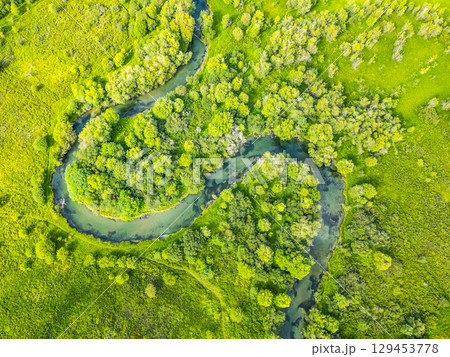 A winding river flows through a vibrant green valley surrounded by trees and hills, showcasing the natural beauty of the Alps from an aerial perspective. The tranquil landscape invites exploration. A winding river flows through a vibrant green valley surrounded by trees and hills, showcasing the natural beauty of the Alps from an aerial perspective. The tranquil landscape invites exploration. 129453778