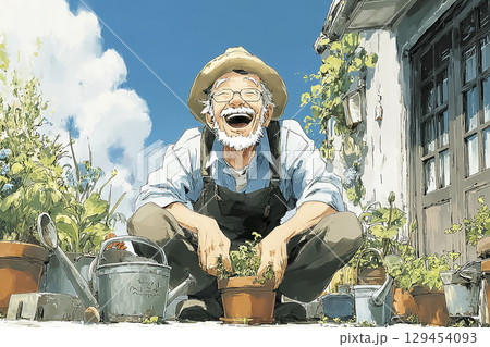 春の中庭で園芸療法を楽しむシニア男性の笑顔・絵本調イラスト 春の中庭で園芸療法を楽しむシニア男性の笑顔・絵本調イラスト 129454093