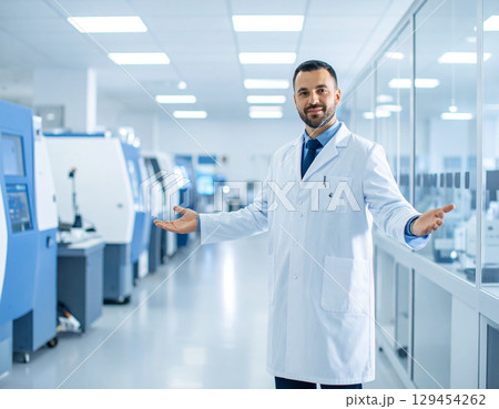 AI generated A confident scientist stands at the edge of the frame gesturing with open hands to invite inside a modern laboratory filled with equipment The scene conveys innovation discovery 129454262