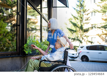 Female nurse assisting old woman in wheelchair, window shopping. 129454664