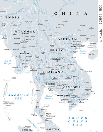 Mainland Southeast Asia, major rivers, political map. Largest rivers and cities of the Northern part of Mainland Southeast Asia. Important waterways for transport by shipping. Isolated illustration. Mainland Southeast Asia, major rivers, political map. Largest rivers and cities of the Northern part of Mainland Southeast Asia. Important waterways for transport by shipping. Isolated illustration. 129454900