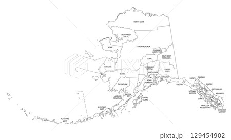 State of Alaska, boroughs and census areas, outline map. State on the northwest extremity of North America, in Western United States region, subdivided into 19 organized boroughs and 11 census areas. State of Alaska, boroughs and census areas, outline map. State on the northwest extremity of North America, in Western United States region, subdivided into 19 organized boroughs and 11 census areas. 129454902