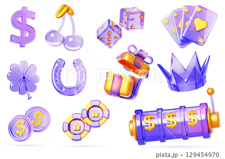 Glass holographic casino icons. Render 3d set of poker chips, playing cards, dice, slot machine, clover, cherry, horseshoe, crown, gift box, coins, dollar sign. Gambling ui elements. 3D illustration Glass holographic casino icons. Render 3d set of poker chips, playing cards, dice, slot machine, clover, cherry, horseshoe, crown, gift box, coins, dollar sign. Gambling ui elements. 3D illustration 129454970