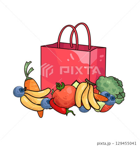 illustration of paper bag with vegetables and fruits illustration of paper bag with vegetables and fruits 129455041