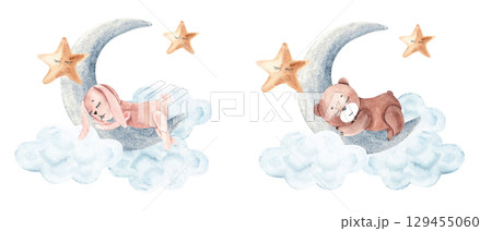 Watercolor cute baby night compositions set. Rabbit or teddy bear sleeps on moon with clouds and stars. Hand drawn illustration in vintage style for boy and girl. 129455060