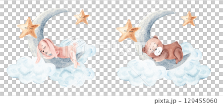 Watercolor cute baby night compositions set. Rabbit or teddy bear sleeps on moon with clouds and stars. Hand drawn illustration in vintage style for boy and girl. 129455060