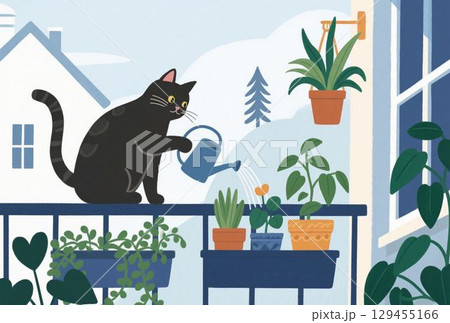 ベランダの観葉植物に水やりする猫 129455166
