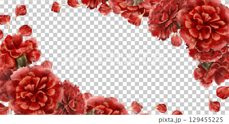 Red carnation flower in rectangular frame as a symbol of mothers day,love,passion,valentine's day confessions. Isolated Watercolor hand-drawn illustration in vintage style as element for card,banner 129455225