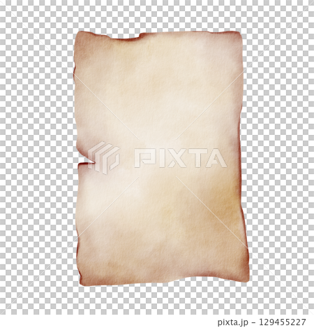 Old piece of paper with a blank space for an inscription. Ancient parchment with uneven burnt edges,template for pirate map. Hand drawn watercolor illustration isolated on white. Old piece of paper with a blank space for an inscription. Ancient parchment with uneven burnt edges,template for pirate map. Hand drawn watercolor illustration isolated on white. 129455227