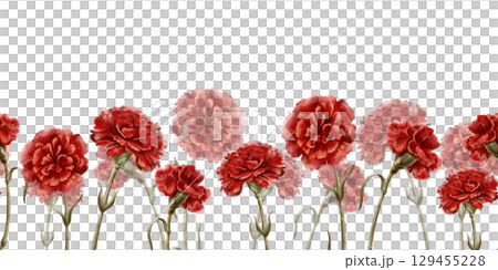Red carnation flower in a seamless border as a symbol of the Portuguese revolution on April 25,1974,symbol of freedom from totalitarian regime in the state Isolated Watercolor clipart in vintage style 129455228
