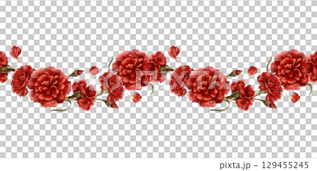 Red carnation flower in a seamless border as a symbol of mothers day,love,passion,valentine's day confessions. Isolated Watercolor hand-drawn illustration in vintage style as element for card,banner 129455245