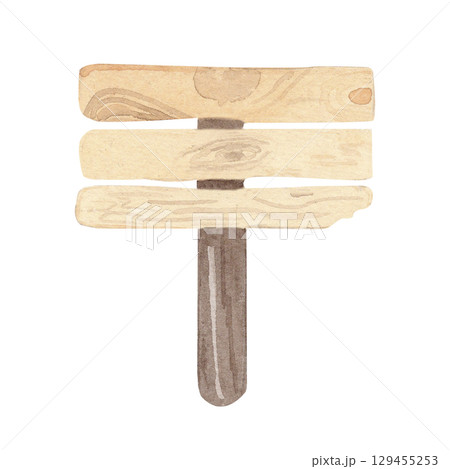 Watercolor hand drawn illustration wooden signpost clipart to summer camp, hiking trail. for party decor, event invitations, garden-themed designs 129455253