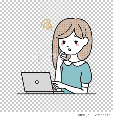 A woman who worries in front of a computer 129455317