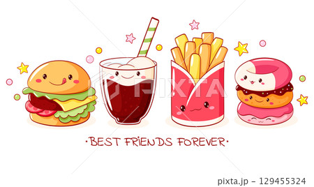 Best friends forever. Collection of cute fast food items characters. Burger, french fries, soda, donuts in kawaii style. Can be used for t-shirt print, sticker, greeting card. Vector illustration EPS8 129455324