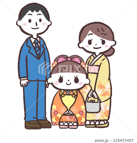三歳の七五三を祝う家族のイラスト 129455407