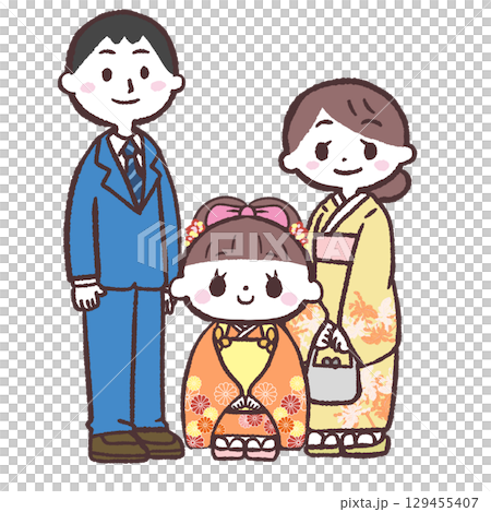 三歳の七五三を祝う家族のイラスト 129455407