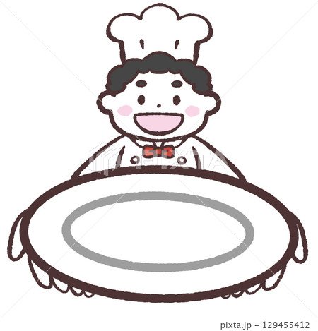 お皿を差し出すコックさんのイラスト お皿を差し出すコックさんのイラスト 129455412