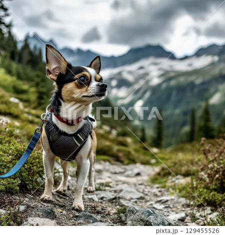 Happy dog hiking mountain trail outdoor scenic adventure lifestyle 129455526