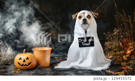 Halloween ghost dog trick treat pumpkin spooky seasonal photo 129455572