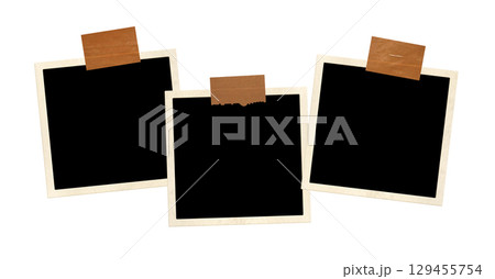 Three frame photos with adhesive tape stripes. Pictures album grid for scrapbooking. Vintage style mood board layout. Isolated on white background. Copy space for your text and photo 129455754