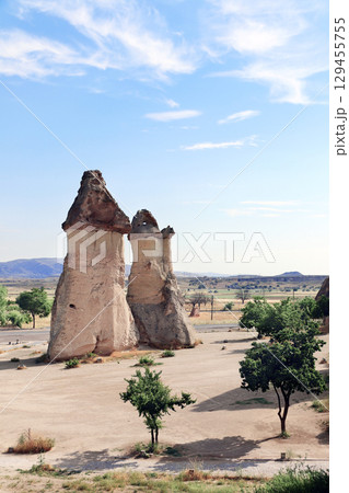 Fairy Chimney in Pasabag Valley, Turkey. Iconic multi-headed stone mushrooms are geological formation, have become a popular destination for travellers seeking an adventure and natural beauty 129455755