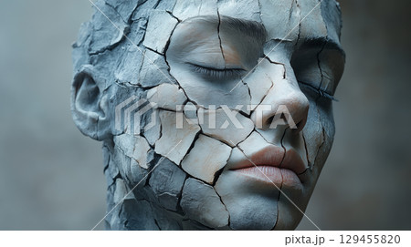Cracked face sculpture with closed eyes against neutral background, concept of fragility, mental health and human vulnerability 129455820