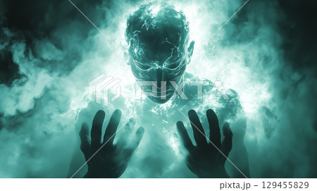 Ethereal humanoid figure emerging from turquoise energy mist with glowing outline, concept of artificial intelligence and consciousness 129455829