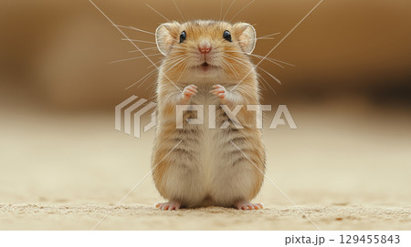 Gerbil standing on hind legs with paws together looking at camera, cute pet rodent with whiskers in natural habitat Gerbil standing on hind legs with paws together looking at camera, cute pet rodent with whiskers in natural habitat 129455843