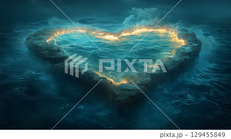 Glowing heart-shaped formation emerging from ocean waves with luminescent edges against dark seascape. Love and nature concept 129455849