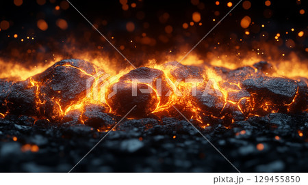 Glowing hot coal rocks with fire cracks and ember sparks against dark background. Concept of natural energy and geological heat 129455850