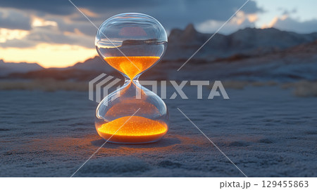 Hourglass with glowing orange sand on beach at sunset, concept of time passing and finite resources, metaphor for climate urgency and environmental countdown 129455863