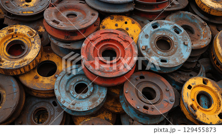 Industrial machine parts displaying colorful worn metal textures, featuring vintage brake discs and machinery components in yellow, red, and blue tones 129455873