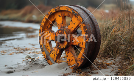 Industrial wheel abandoned by riverbank with rust and orange paint, environmental history and decay concept 129455889