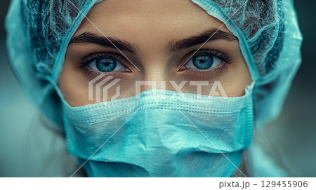 Medical professional with blue eyes wearing surgical mask and cap, healthcare worker close-up portrait for pandemic response concept 129455906