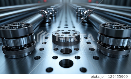 Metal bearings arranged in production line, precision engineering parts for industrial manufacturing concept 129455909