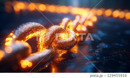 Metal chain links illuminated with golden light on reflective dark surface, business concept of connection, strength and security 129455910