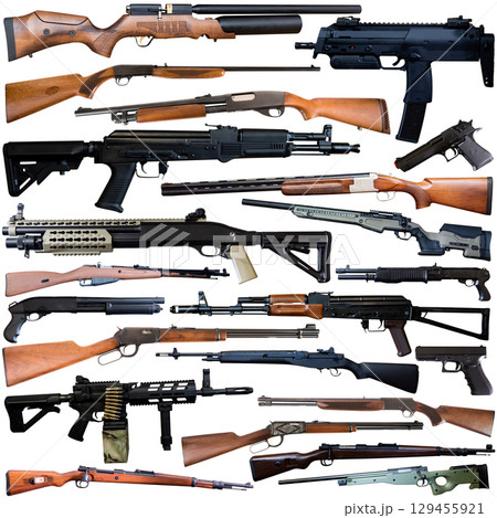 Different types of firearms isolated over white background 129455921