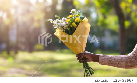 Bouquet of stunning flowers held by African American woman, Mothers day concept postcard 129455967